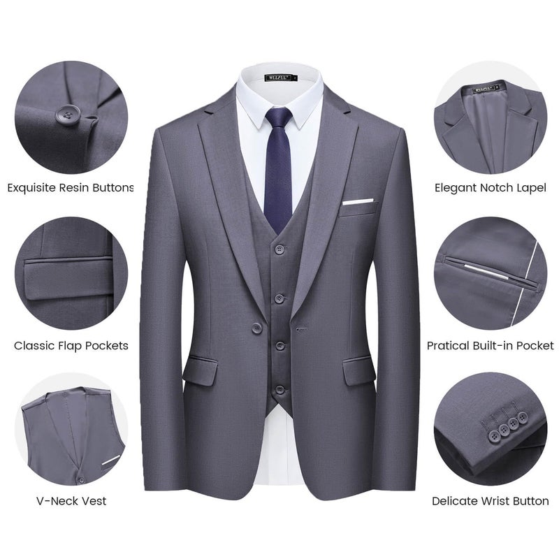 WULFUL Menâ€™s Slim Fit Suit One Button 3-Piece Blazer Dress Business Wedding Party Jacket Vest & Pant Dark Grey - Image 5